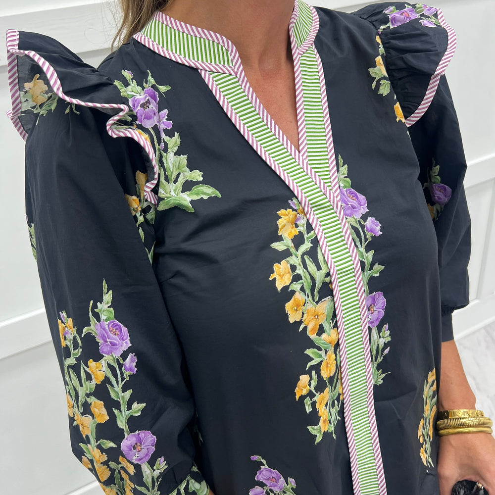 Wyatt Flower + Stripe Top (Black)