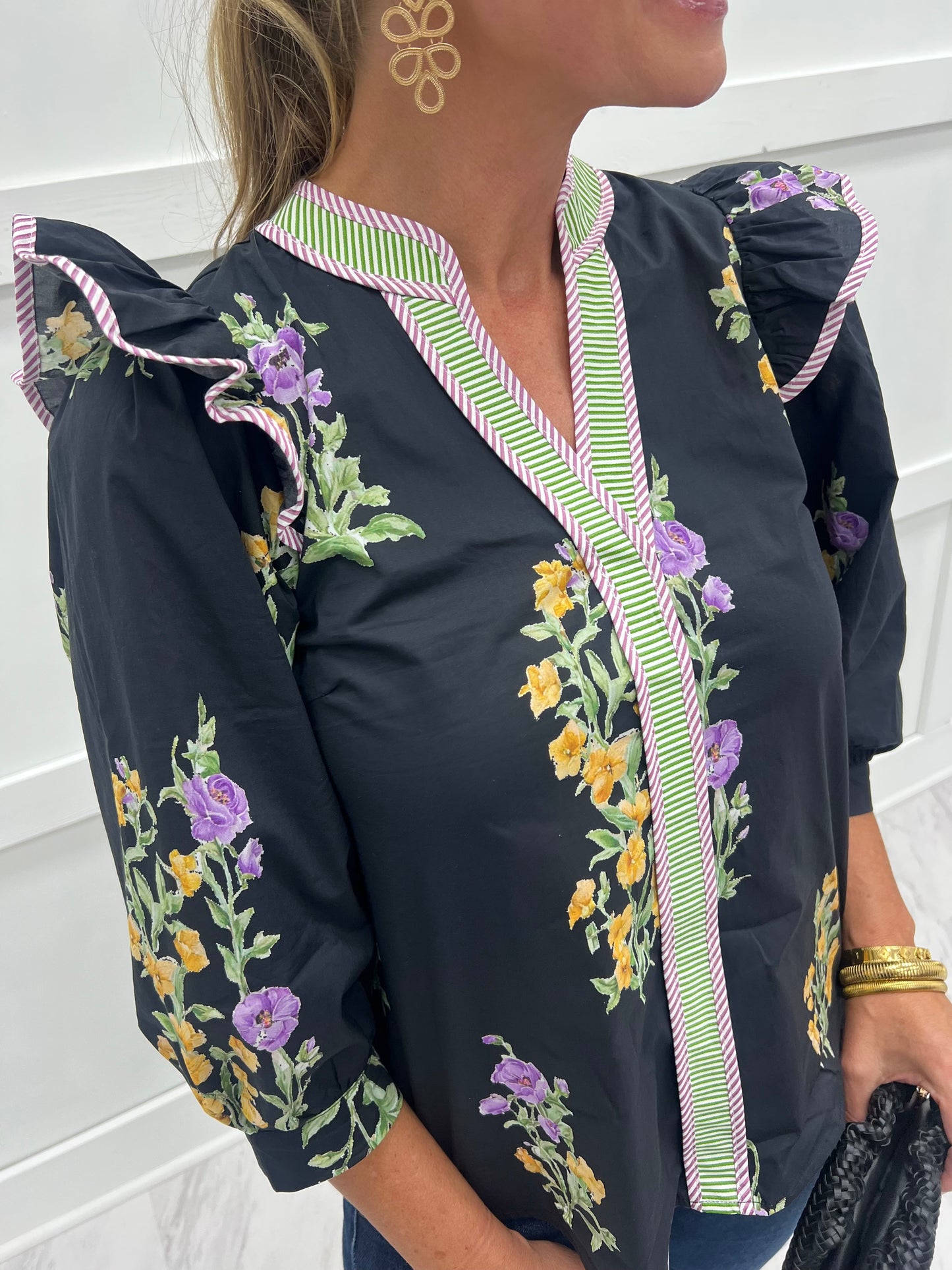 Wyatt Flower + Stripe Top (Black)