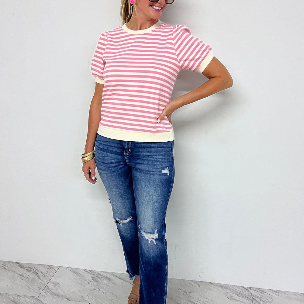 Valle Stripe + Textured Short Sleeve Sweater (Pink)