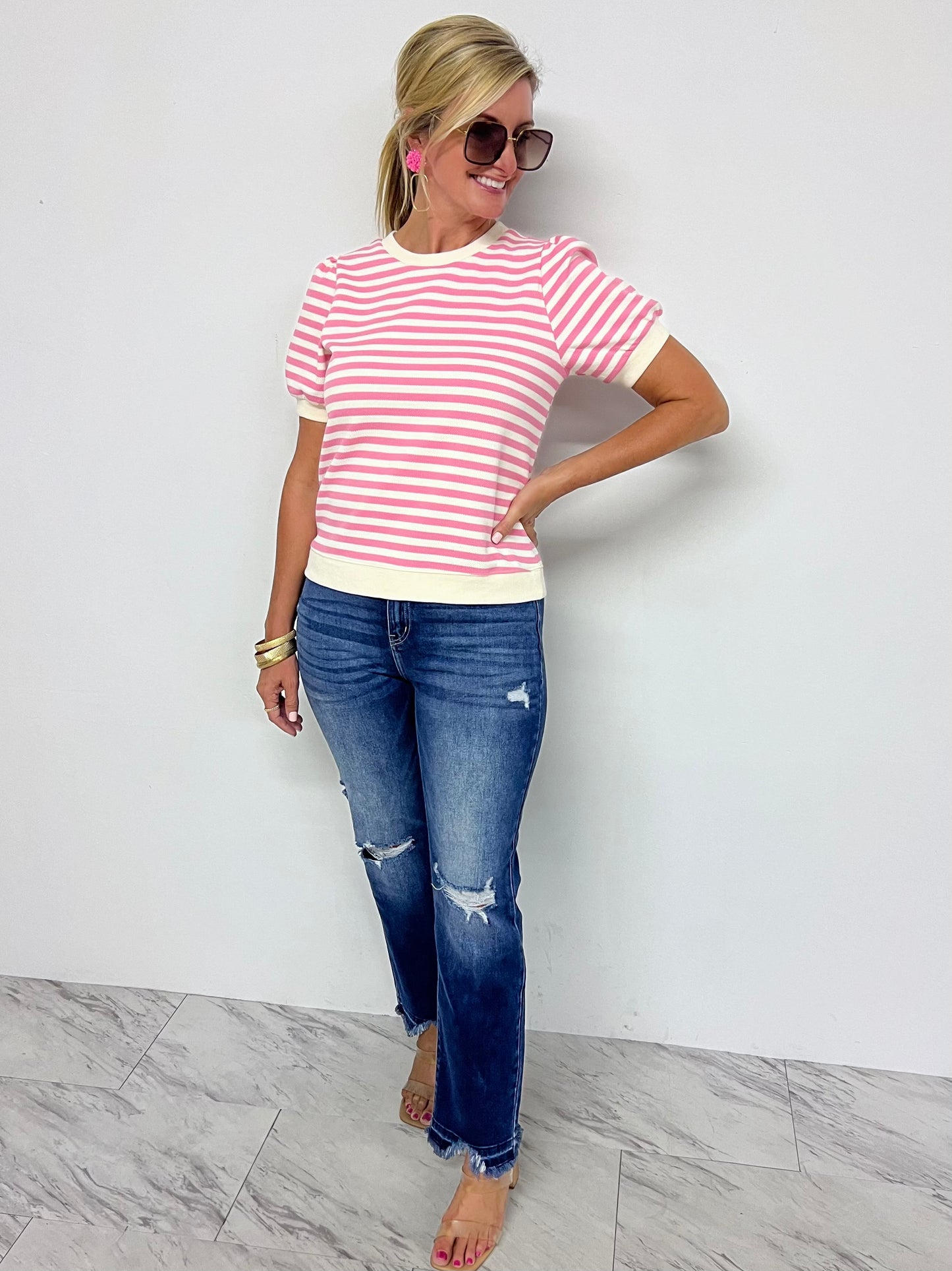 Valle Stripe + Textured Short Sleeve Sweater (Pink)