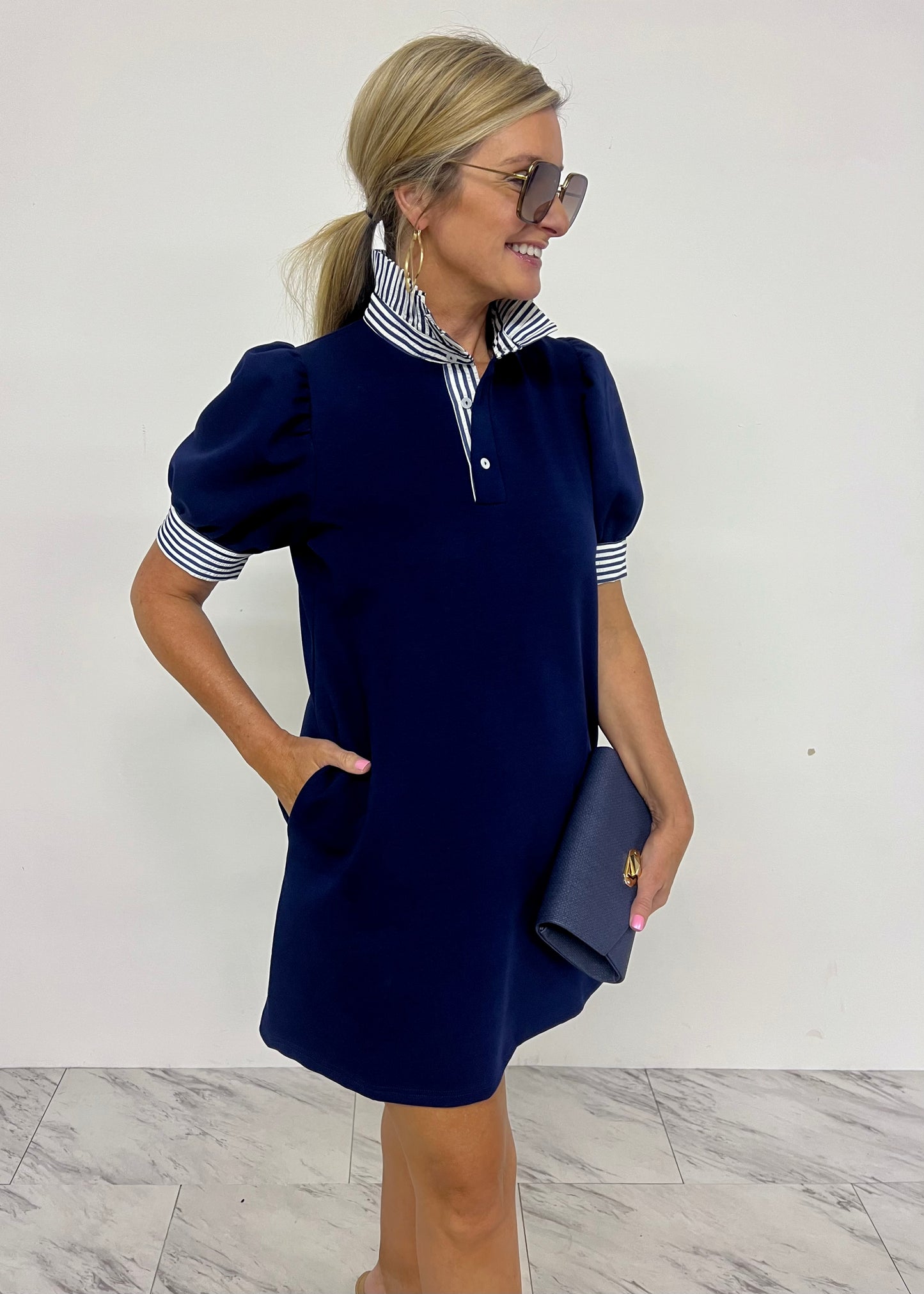 Captiva Stripe Collar Dress (Navy)