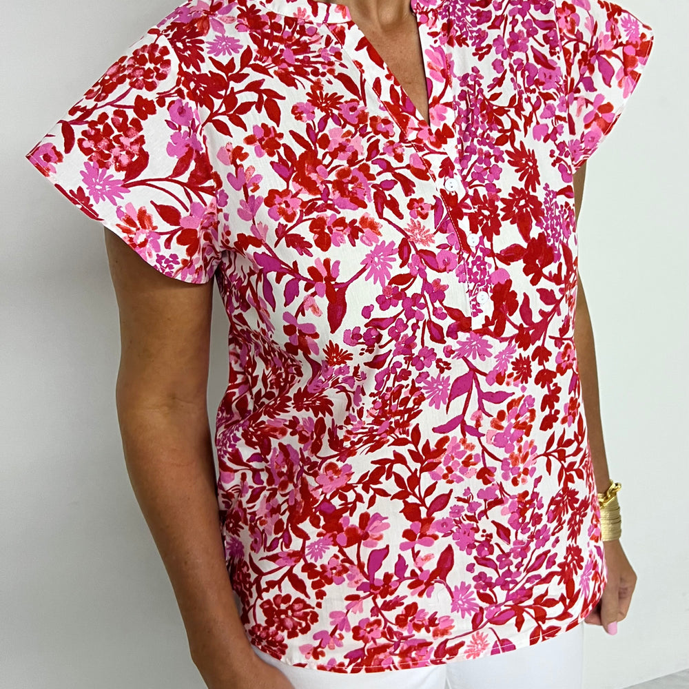 Quincy Red + Pink Flutter Sleeve Top