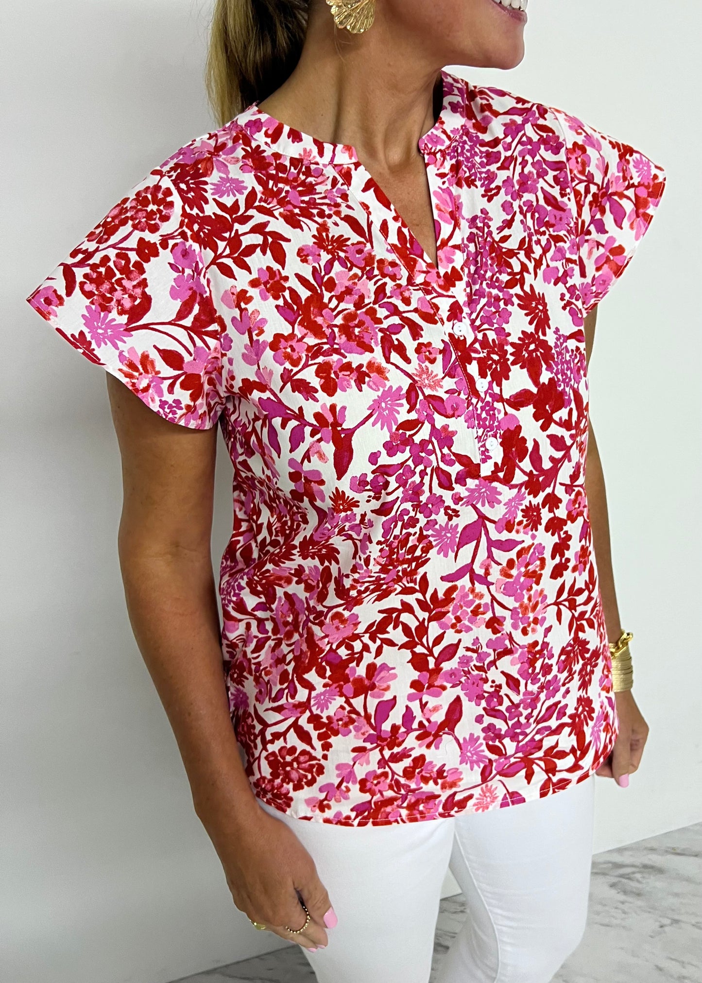 Quincy Red + Pink Flutter Sleeve Top