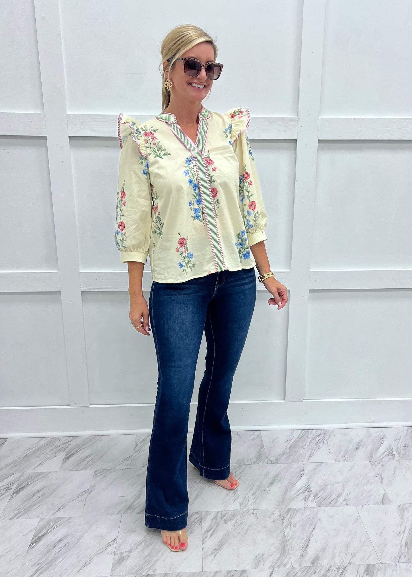 Wyatt Flower + Stripe Top (Cream)