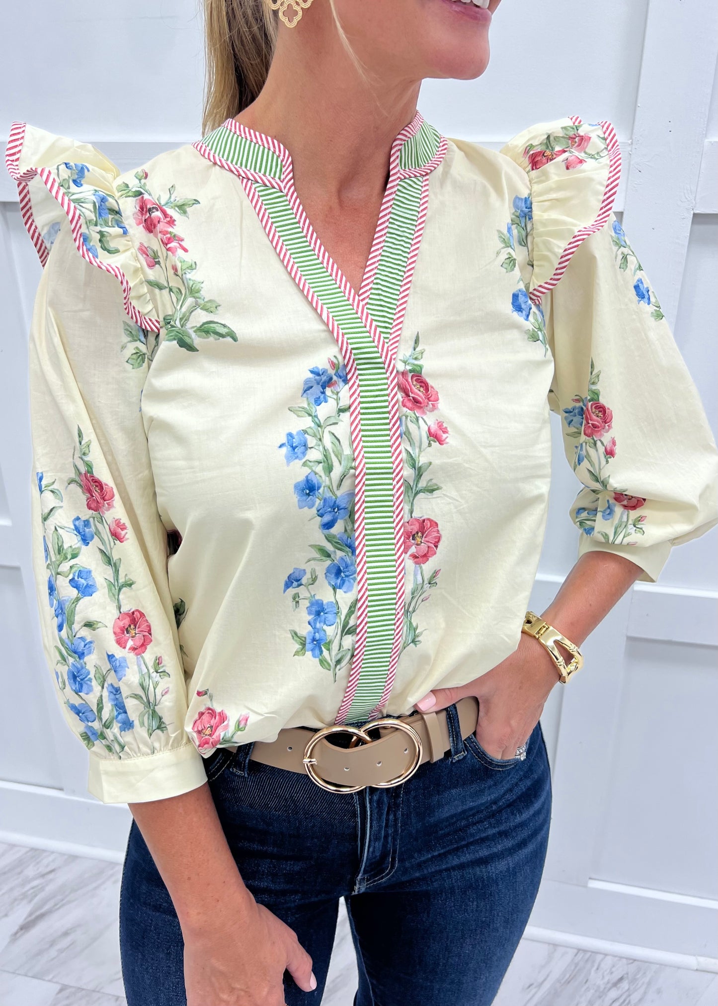Wyatt Flower + Stripe Top (Cream)