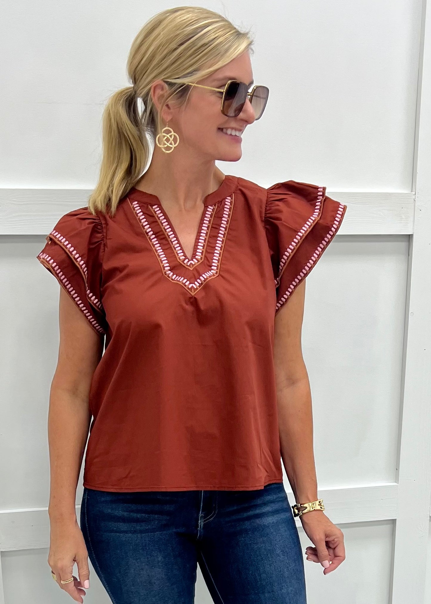 Addison Embroidered Top (Brick)