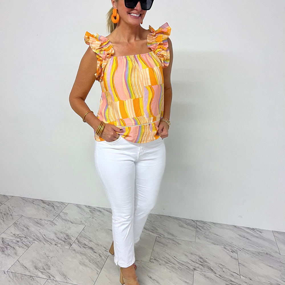 
                  
                    Summertime Sunrise Ruffle Shoulder Top -- FINAL SALE
                  
                