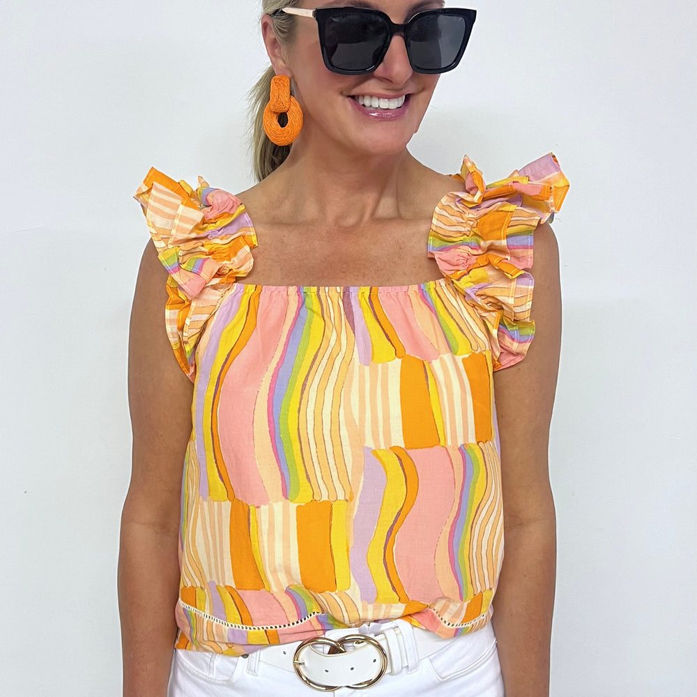 
                  
                    Summertime Sunrise Ruffle Shoulder Top -- FINAL SALE
                  
                