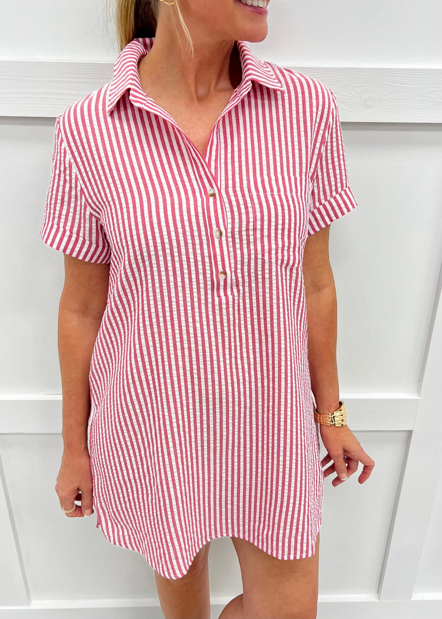 red seersucker dress Sunshine + Seersucker Stripe Dress (Red)