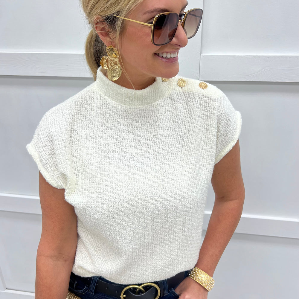 
                  
                    Winter White Gold Button Sweater
                  
                