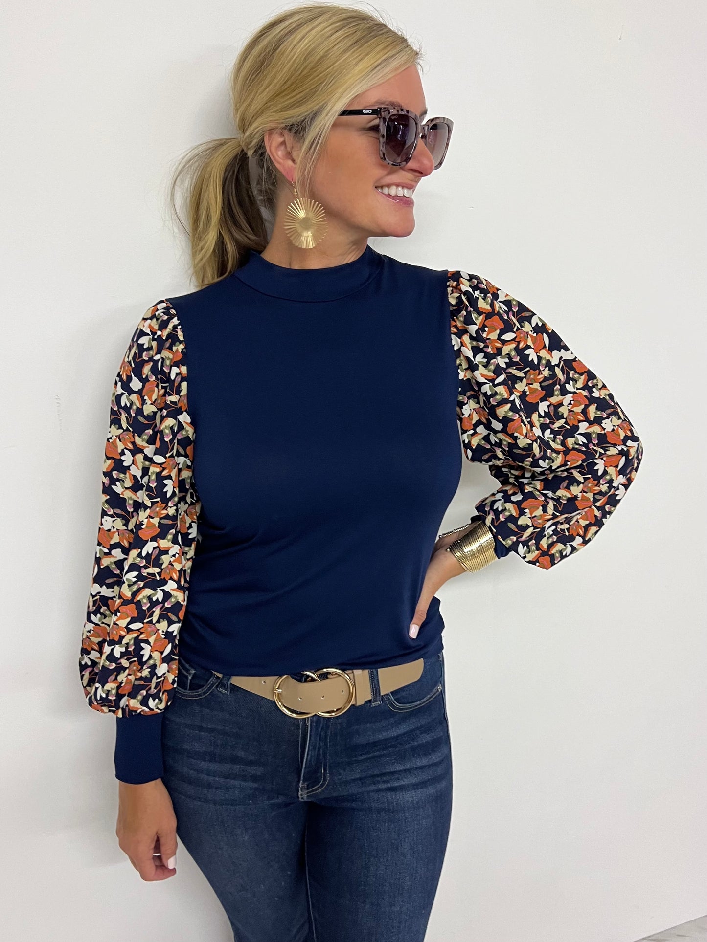 Scout Navy Print Sleeve Top-FINAL SALE