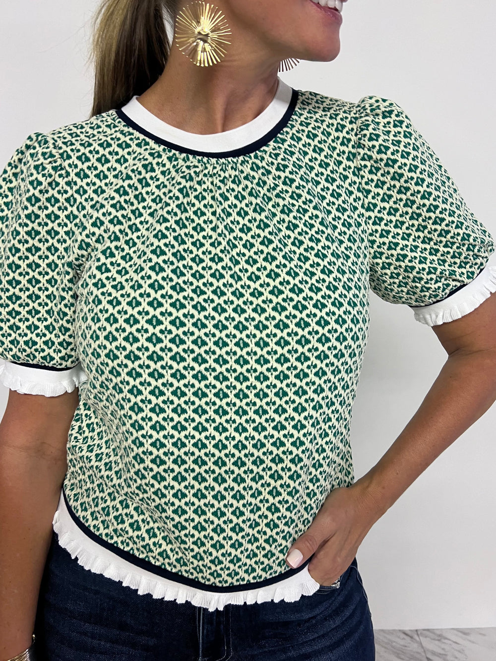 Greta Green Print Short Sleeve Sweater