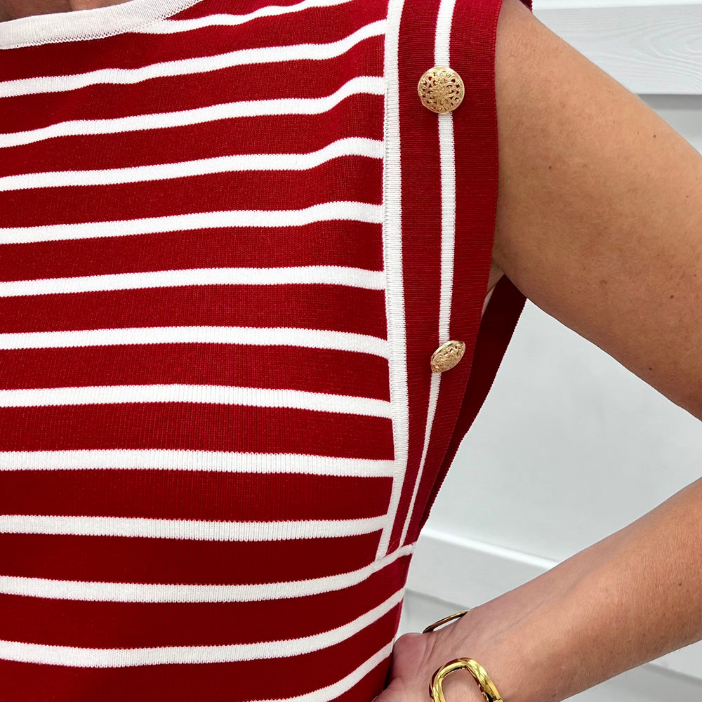 Tribeca Red + White Stripe & Button Top