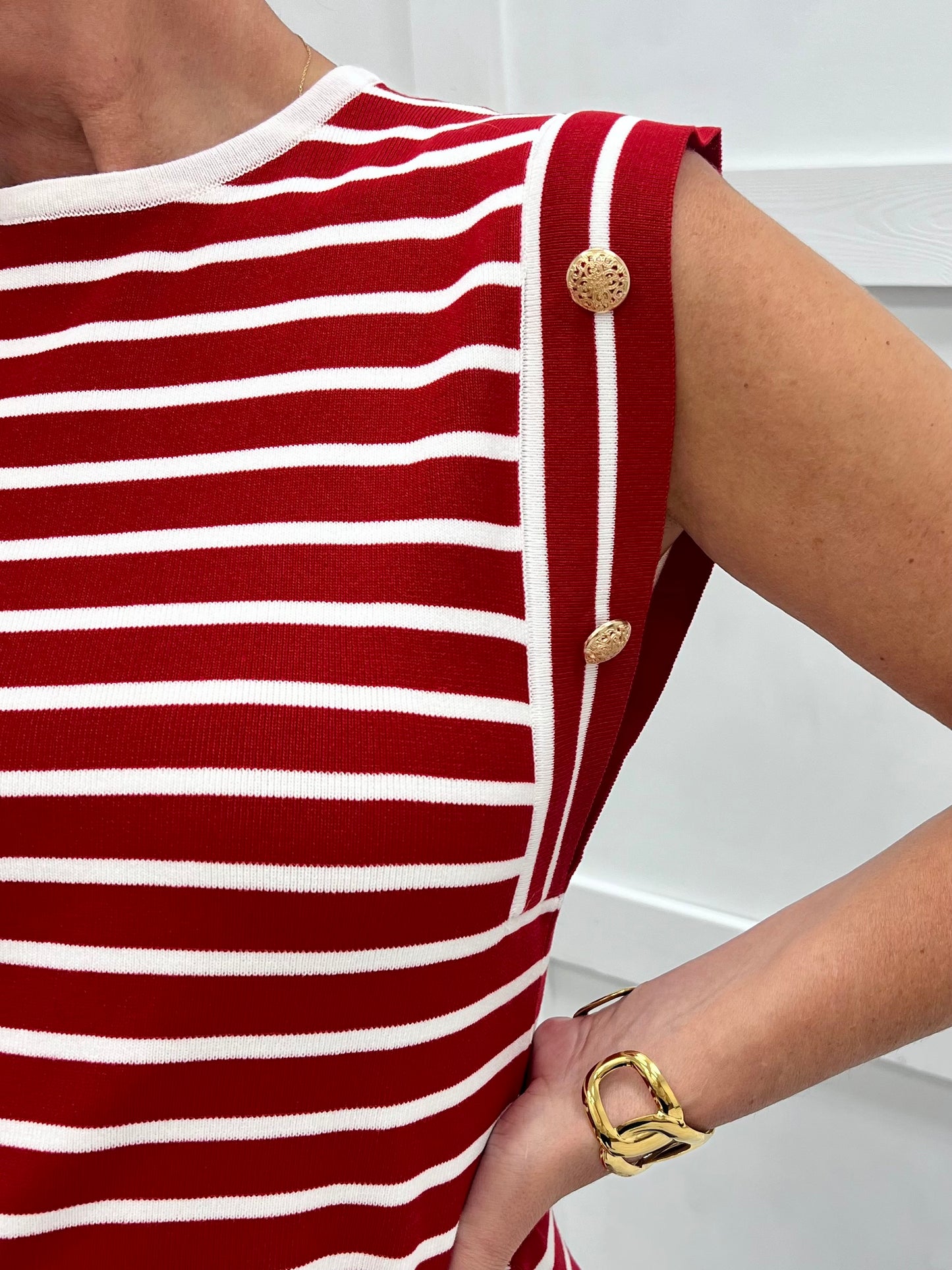 Tribeca Red + White Stripe & Button Top
