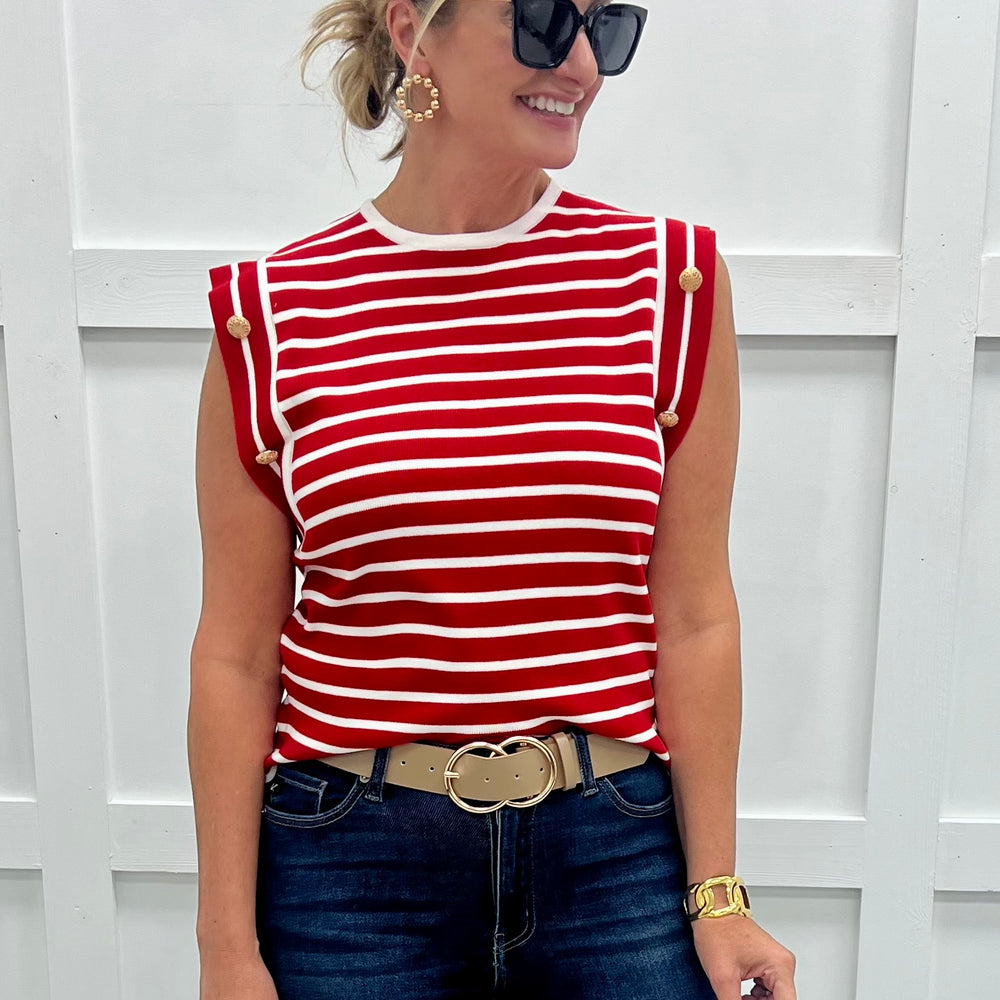 
                  
                    Tribeca Red + White Stripe & Button Top
                  
                