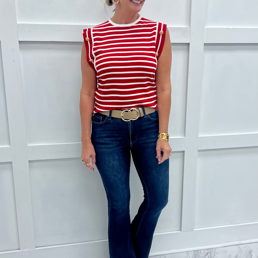 Tribeca Red + White Stripe & Button Top