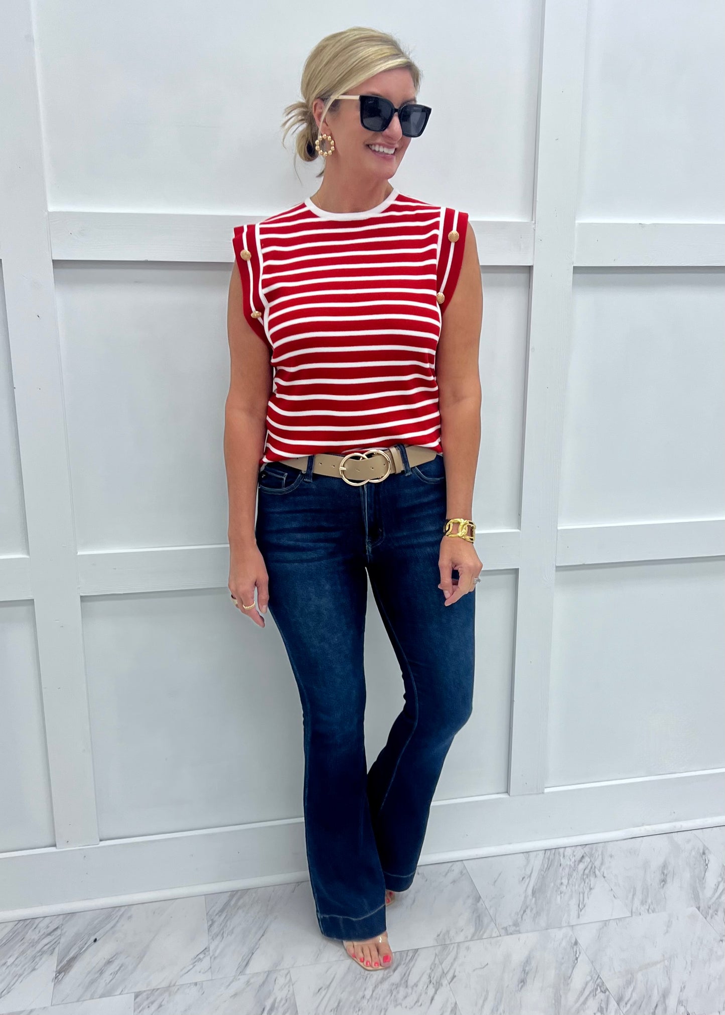 Tribeca Red + White Stripe & Button Top