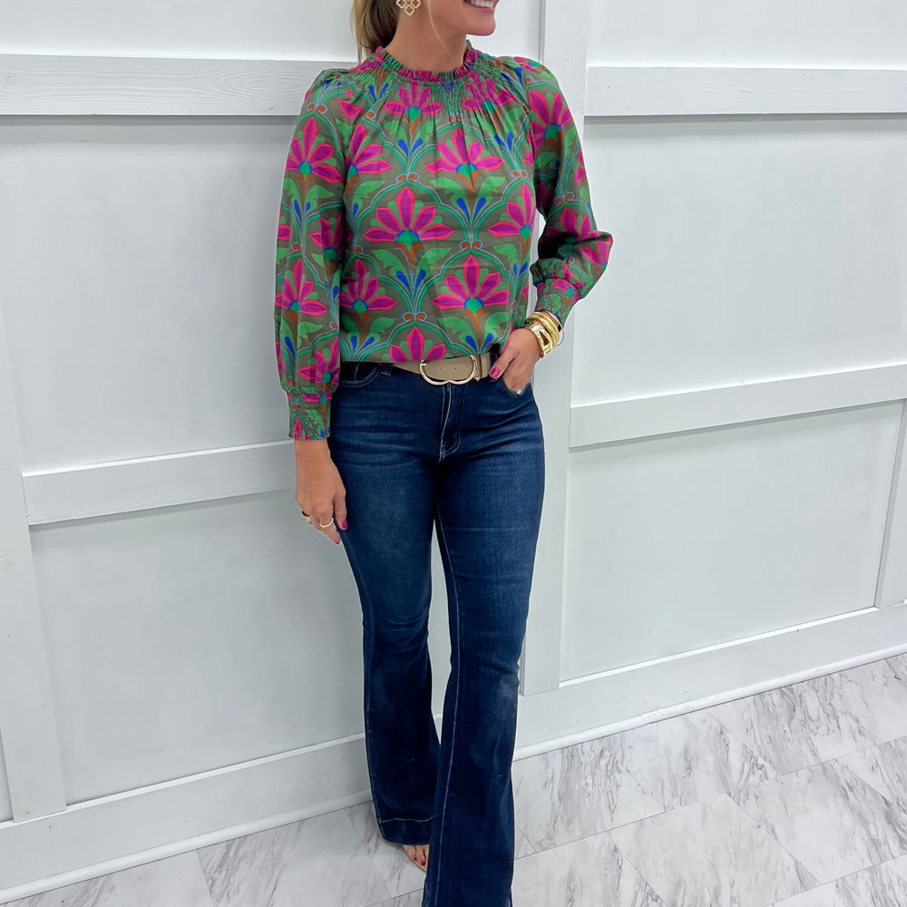 Calla Print + Smocked Neck Top