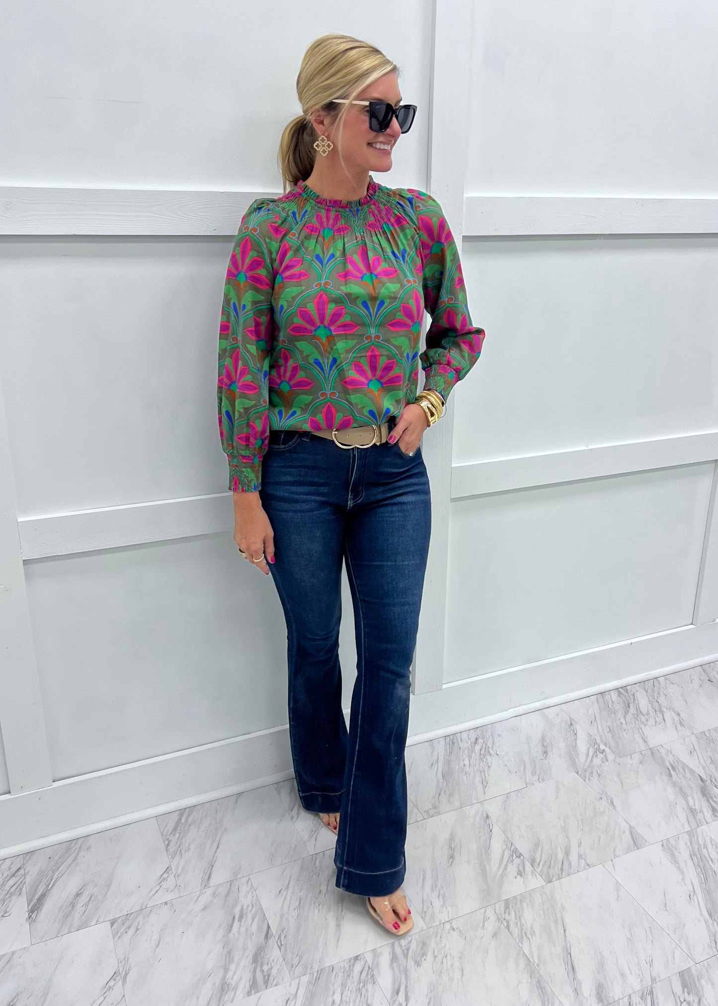 Calla Print + Smocked Neck Top