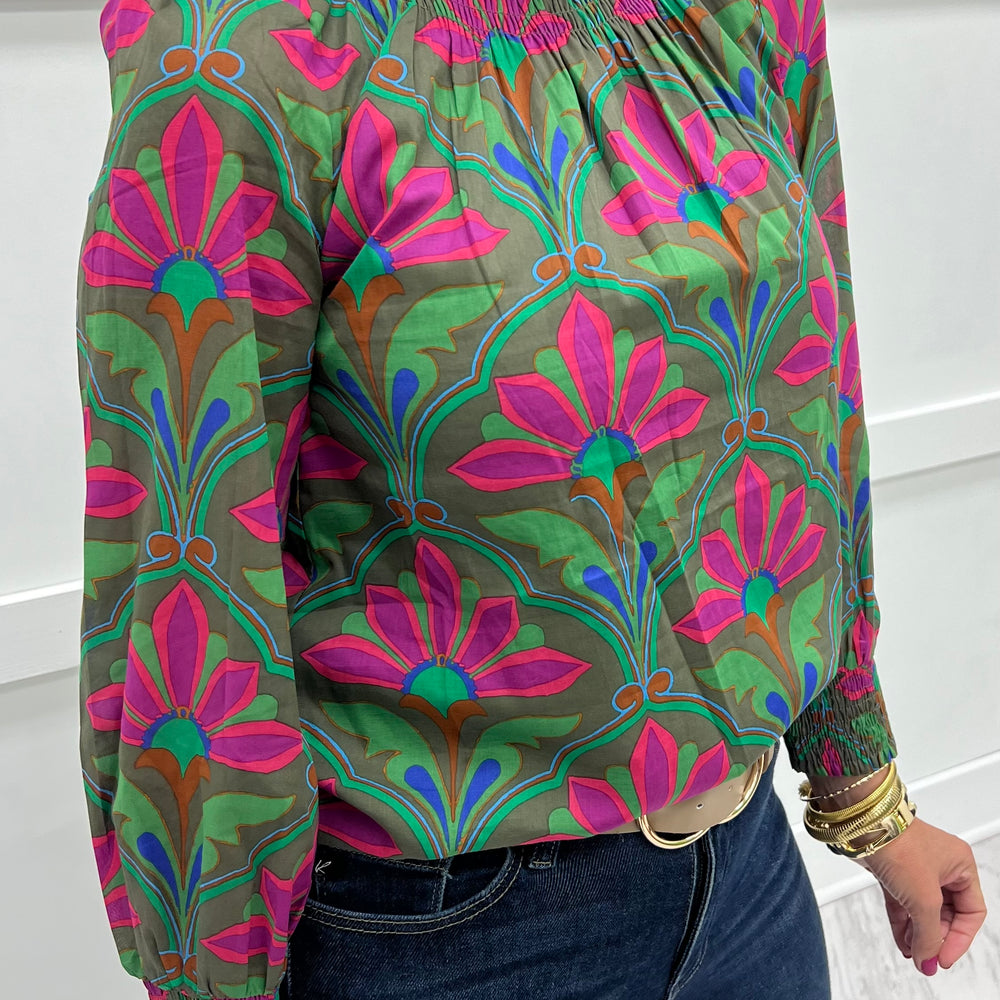 
                  
                    Calla Print + Smocked Neck Top
                  
                