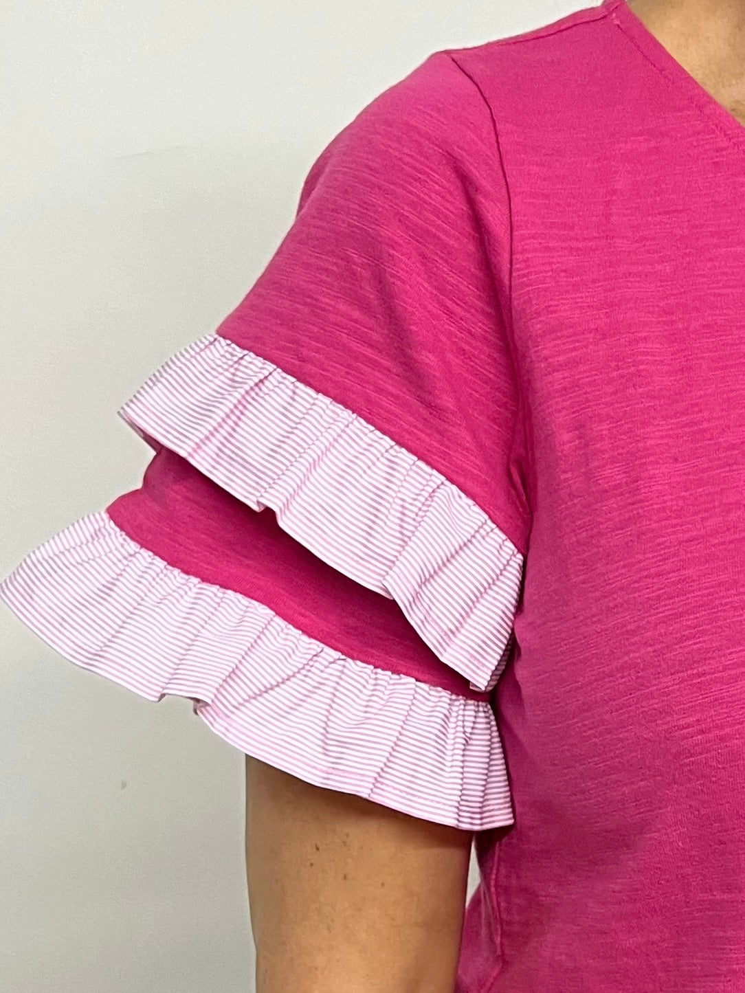 Southern Drawl Ruffle + Stripe Top (pink)- FINAL SALE