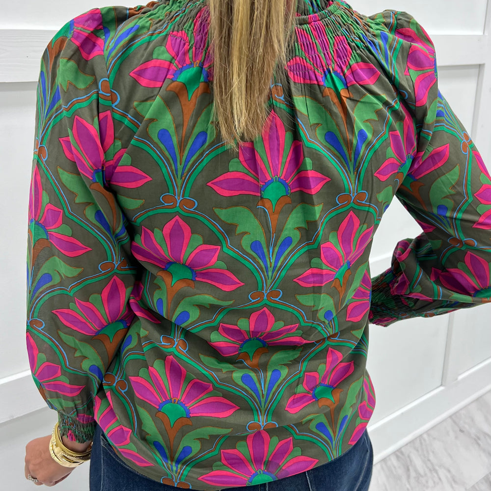 
                  
                    Calla Print + Smocked Neck Top
                  
                