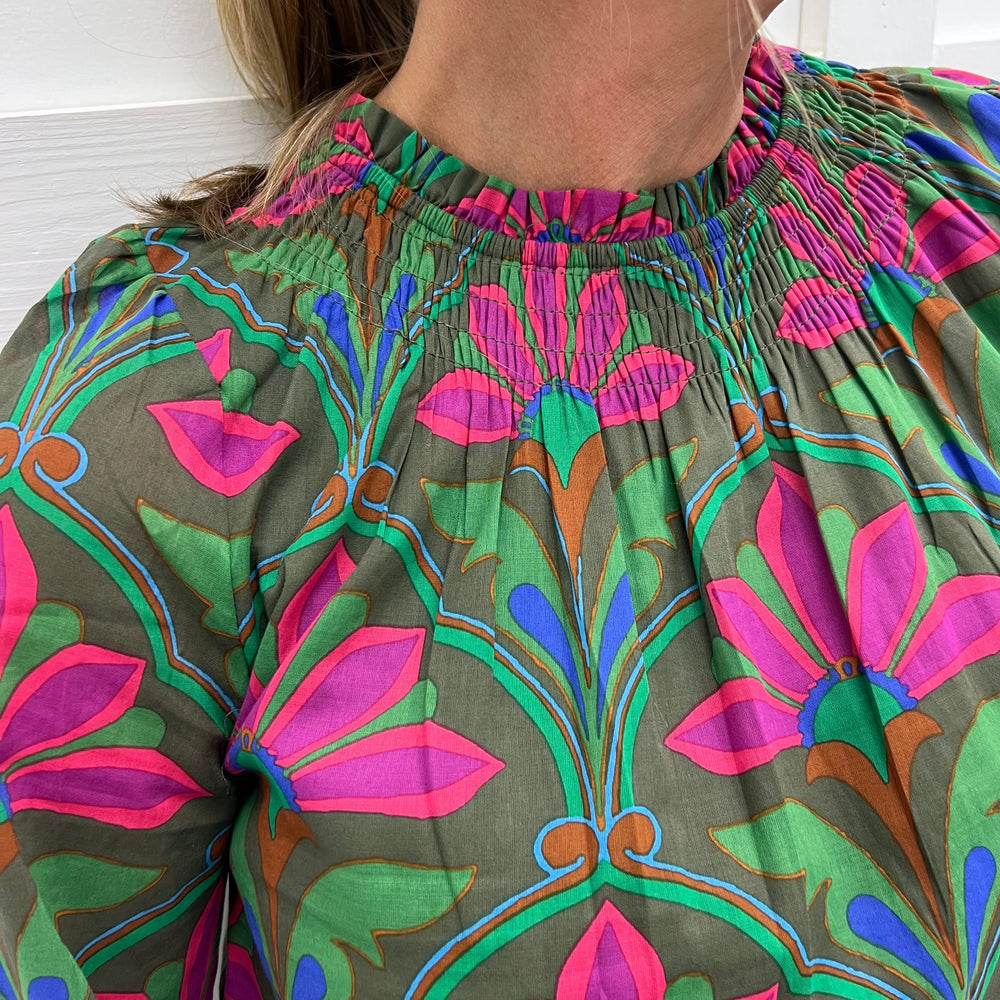 Calla Print + Smocked Neck Top