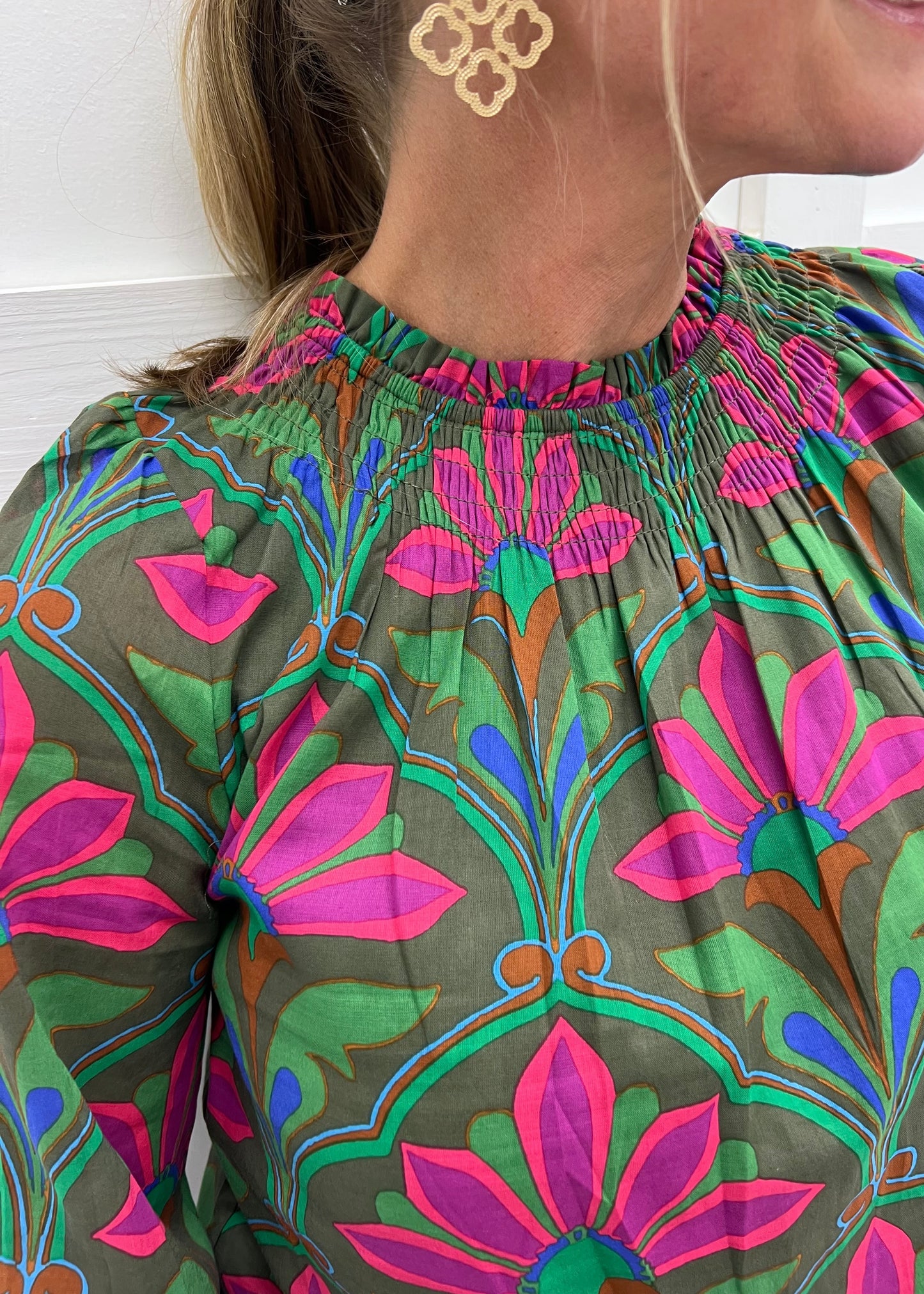 Calla Print + Smocked Neck Top