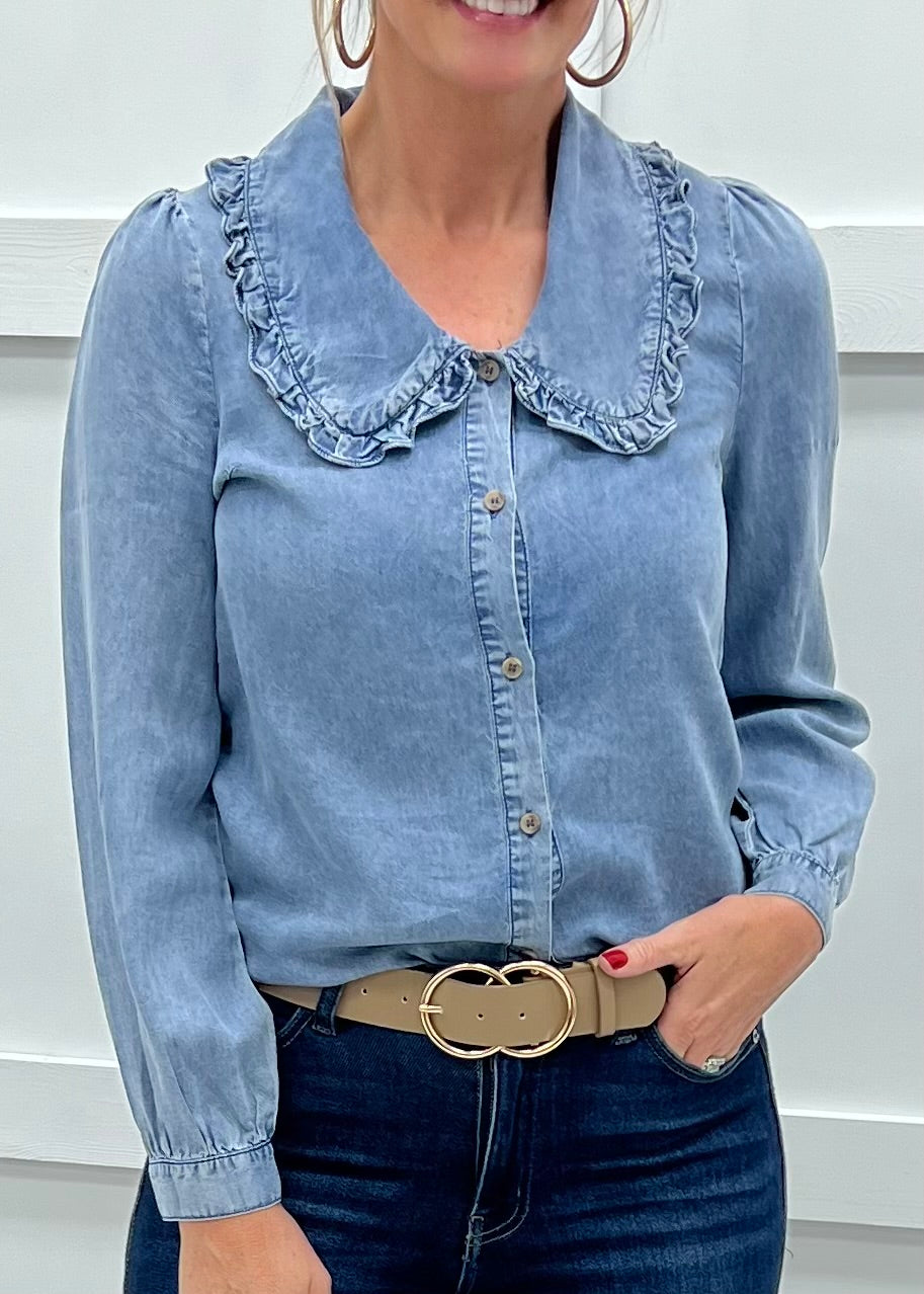 Ryleigh Ruffle Collar Denim Top
