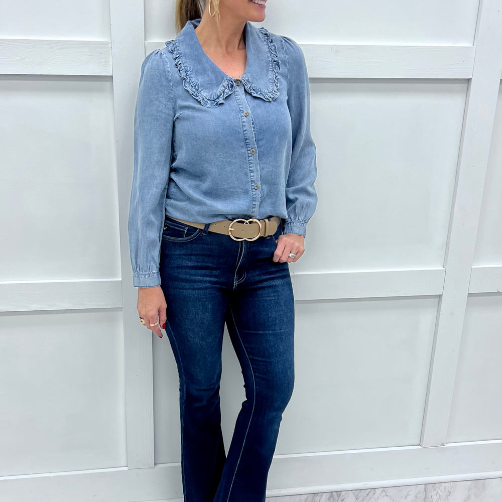 Ryleigh Ruffle Collar Denim Top