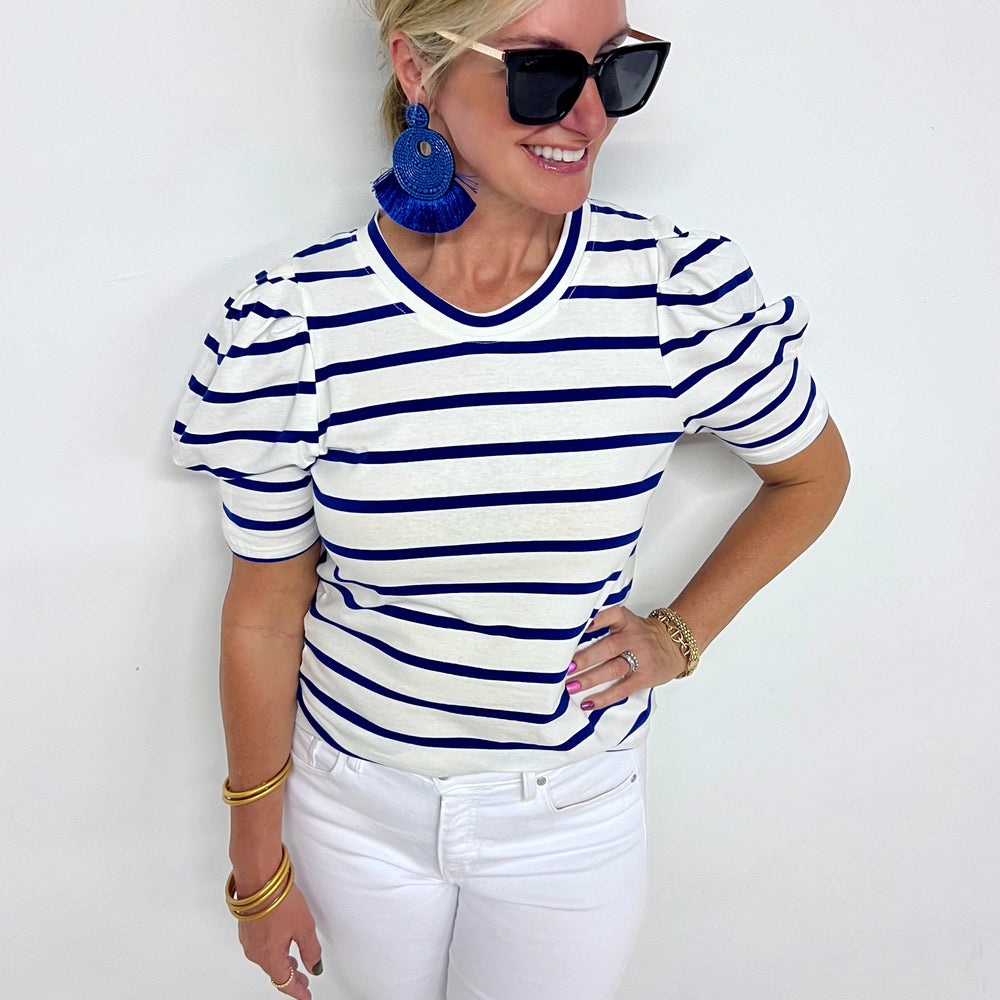 Pippa Puff Sleeve Striped Top (Royal) - FINAL SALE