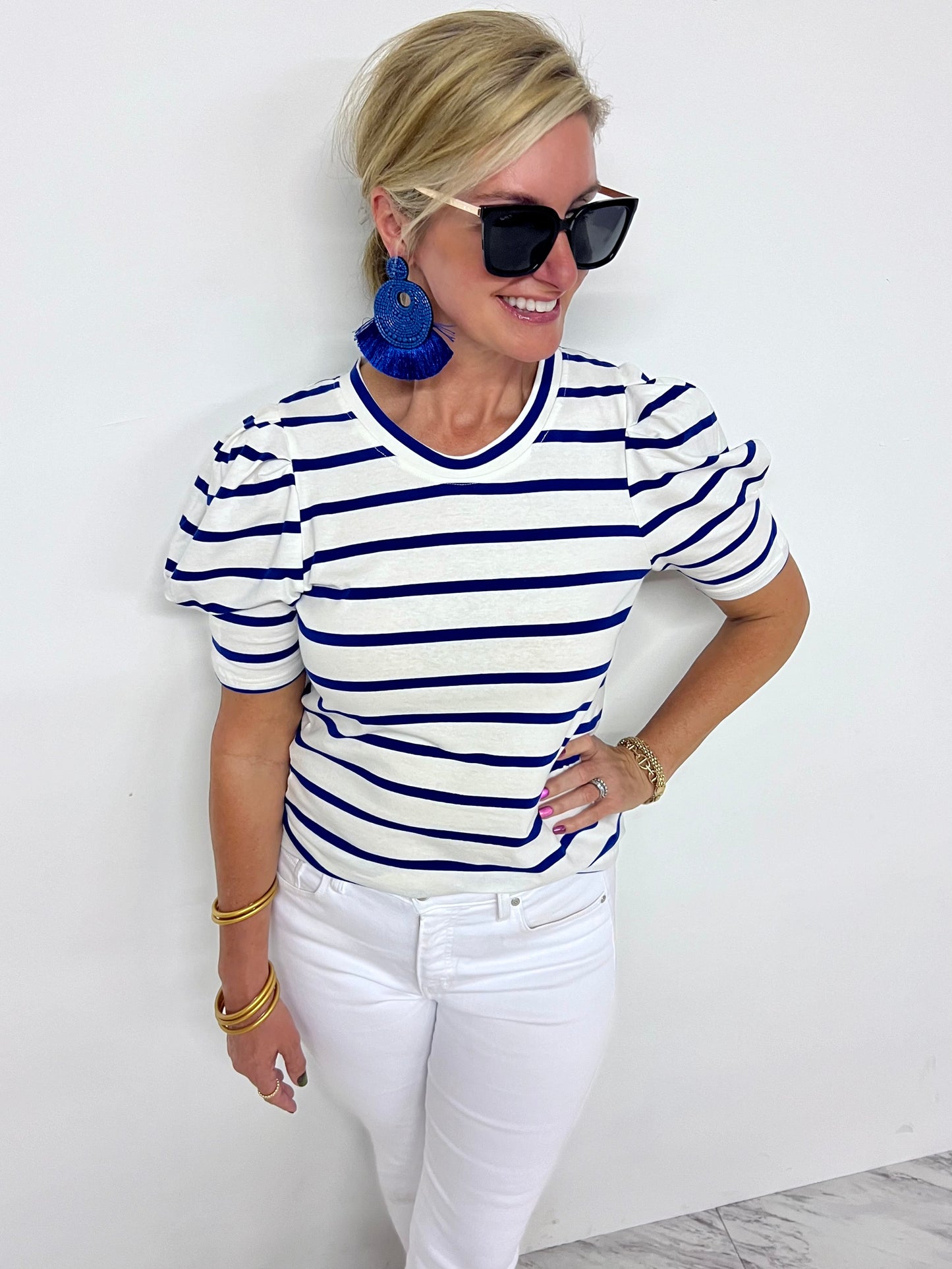 Pippa Puff Sleeve Striped Top (Royal) - FINAL SALE