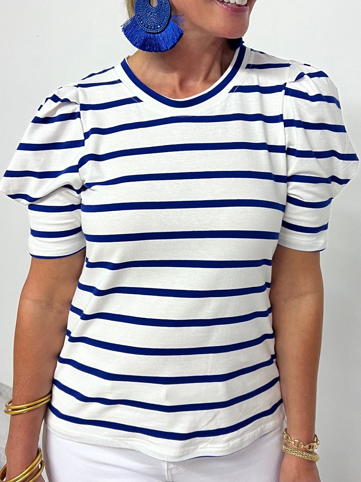 Pippa Puff Sleeve Striped Top (Royal) - FINAL SALE