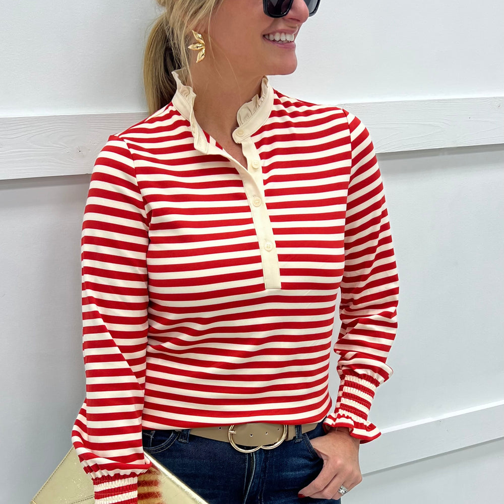 
                  
                    Sloane Stripe + Ruffle Collar Top (Red)
                  
                