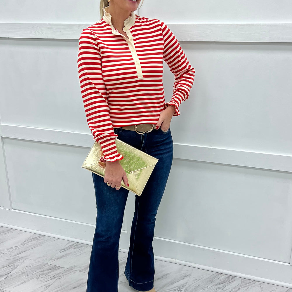 Sloane Stripe + Ruffle Collar Top (Red)