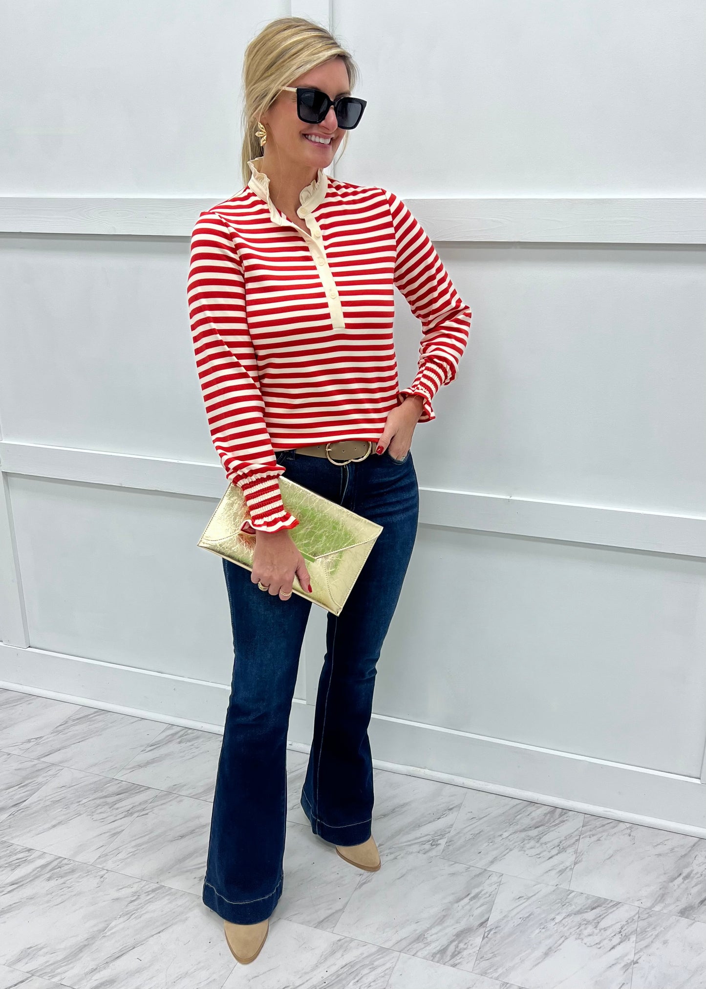 Sloane Stripe + Ruffle Collar Top (Red)