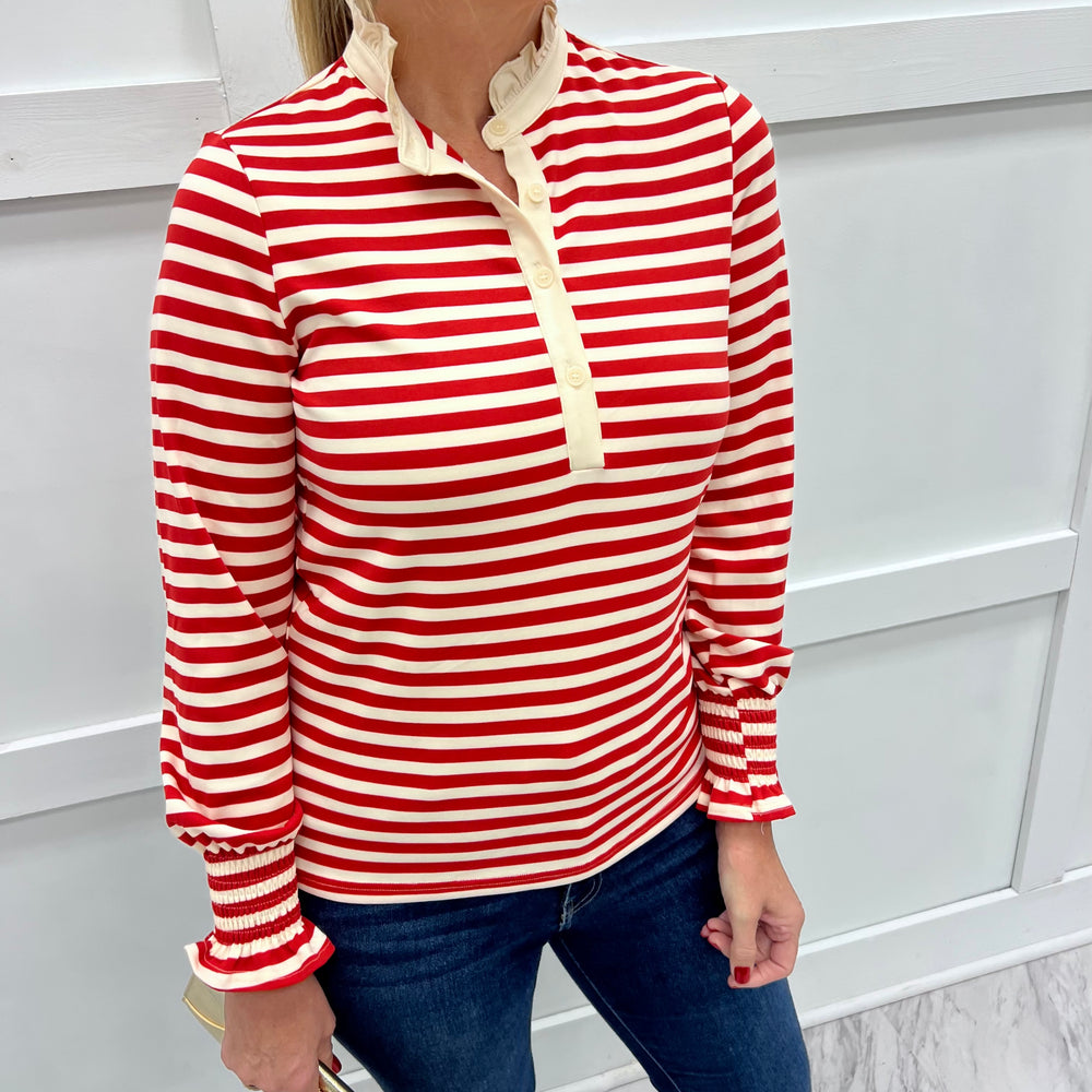 
                  
                    Sloane Stripe + Ruffle Collar Top (Red)
                  
                