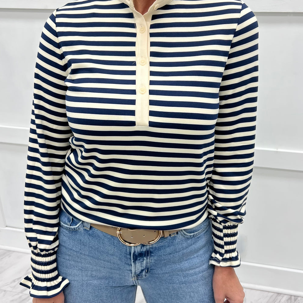 Sloane Stripe + Ruffle Collar Top (Navy)