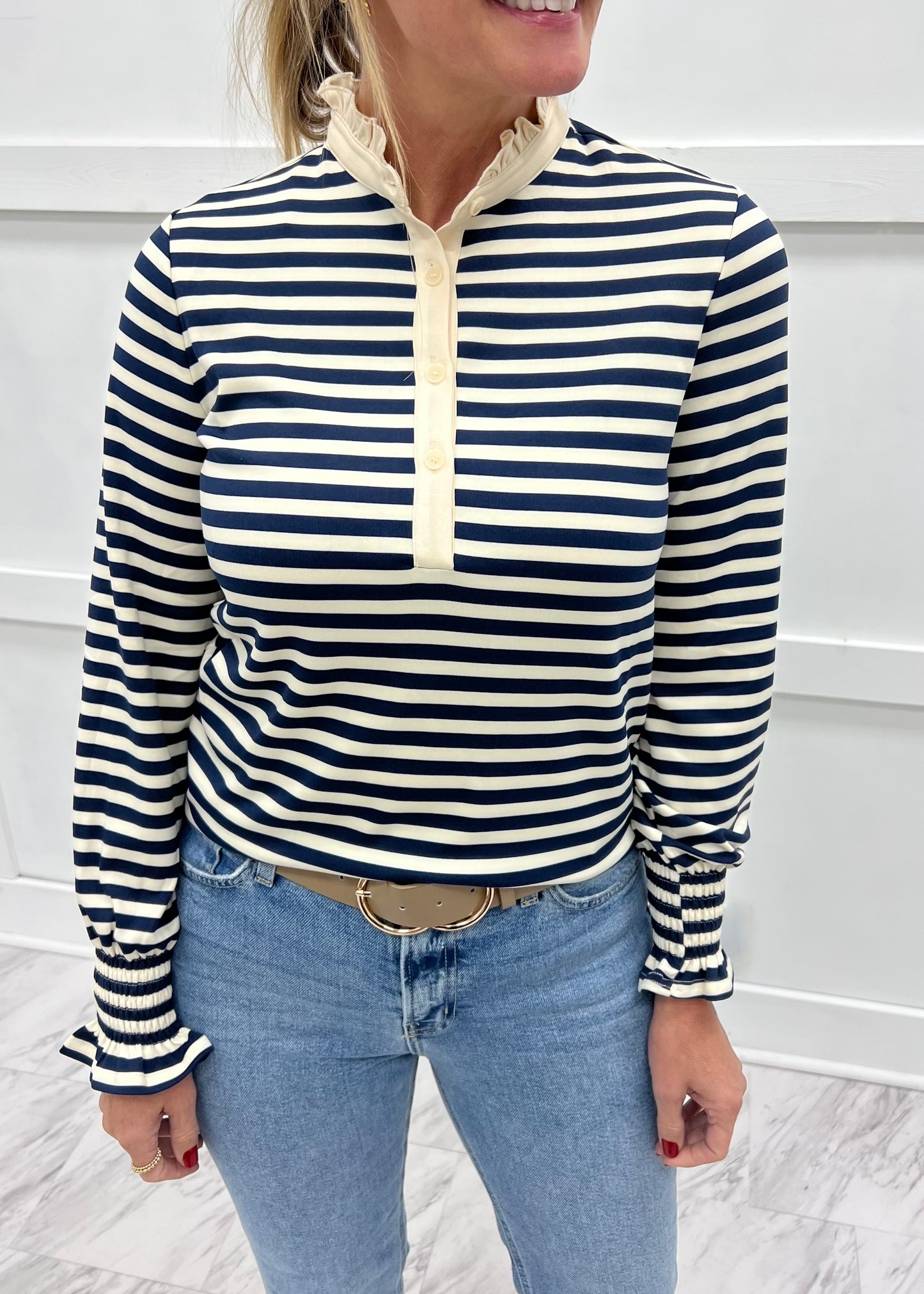 Sloane Stripe + Ruffle Collar Top (Navy)