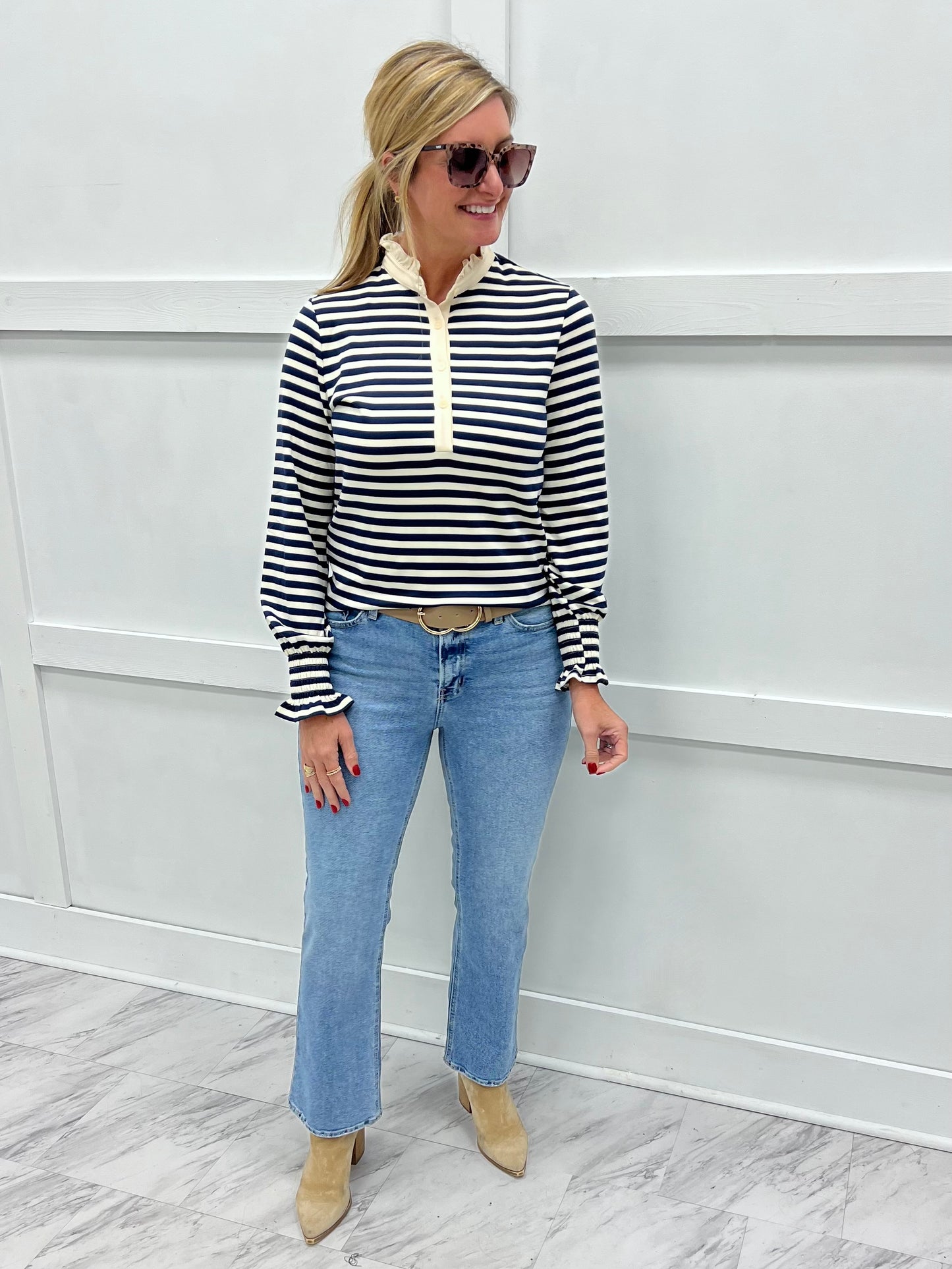 Sloane Stripe + Ruffle Collar Top (Navy)