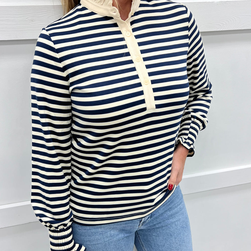 
                  
                    Sloane Stripe + Ruffle Collar Top (Navy)
                  
                