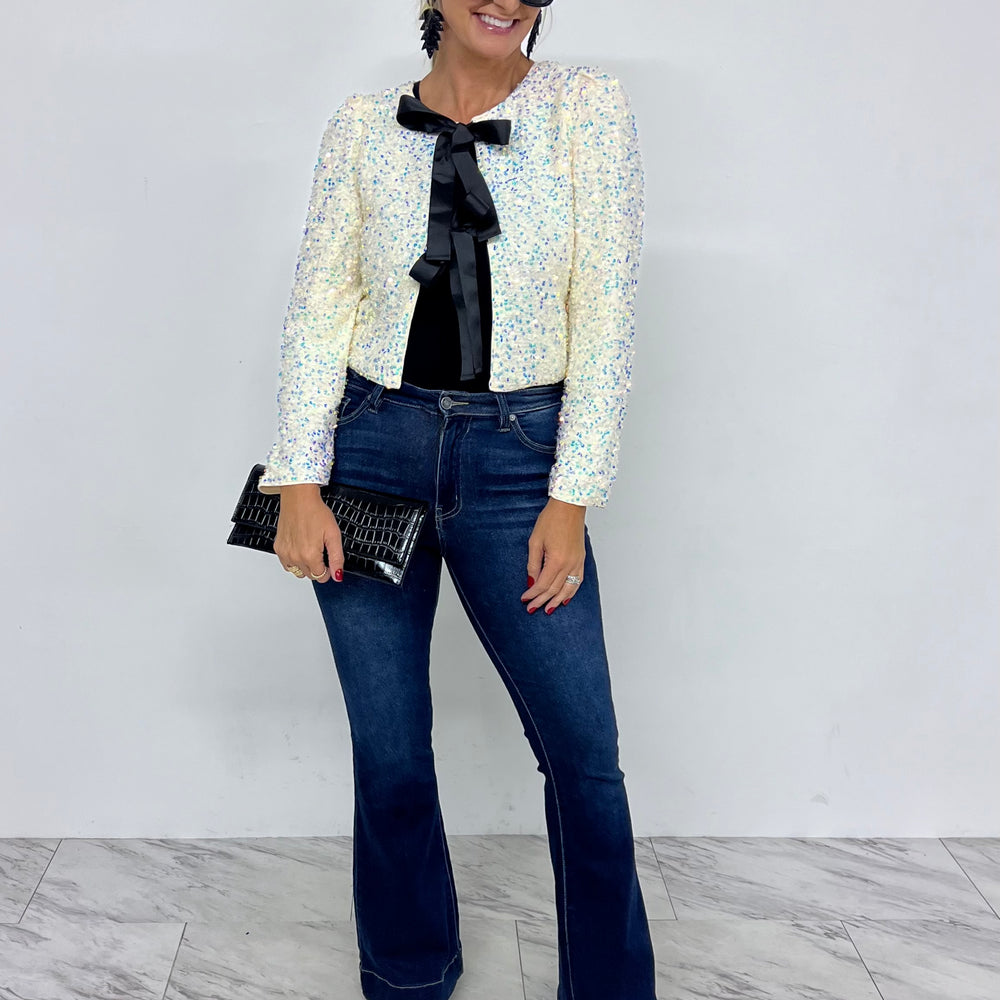 Champagne Kiss Sequin + Bow Cardigan Top