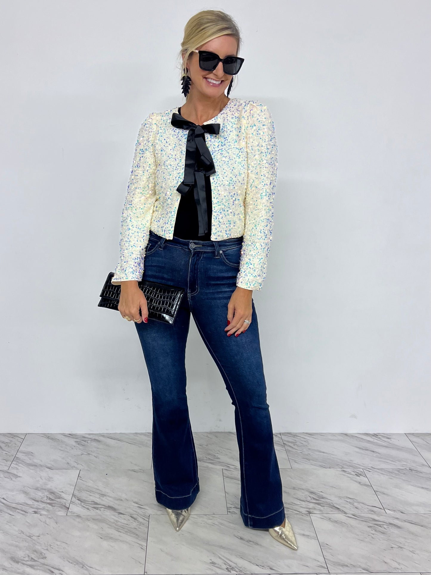 Champagne Kiss Sequin + Bow Cardigan Top