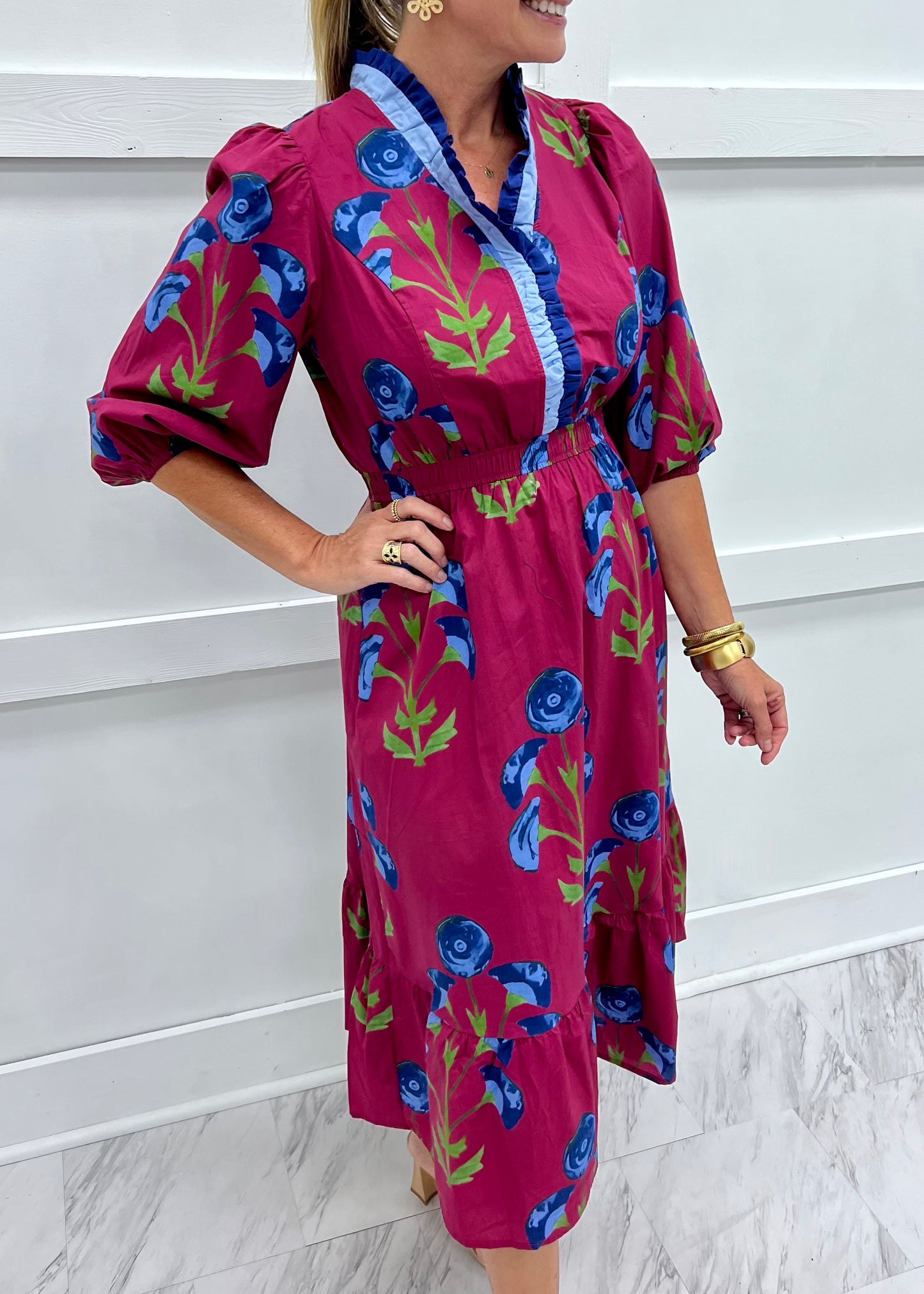 Alex Flower Midi Dress (Wine)