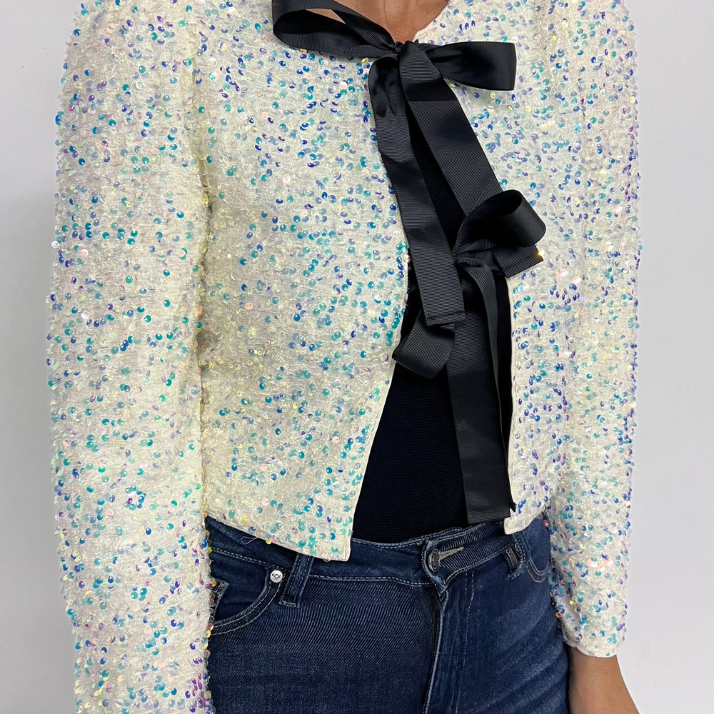 Champagne Kiss Sequin + Bow Cardigan Top