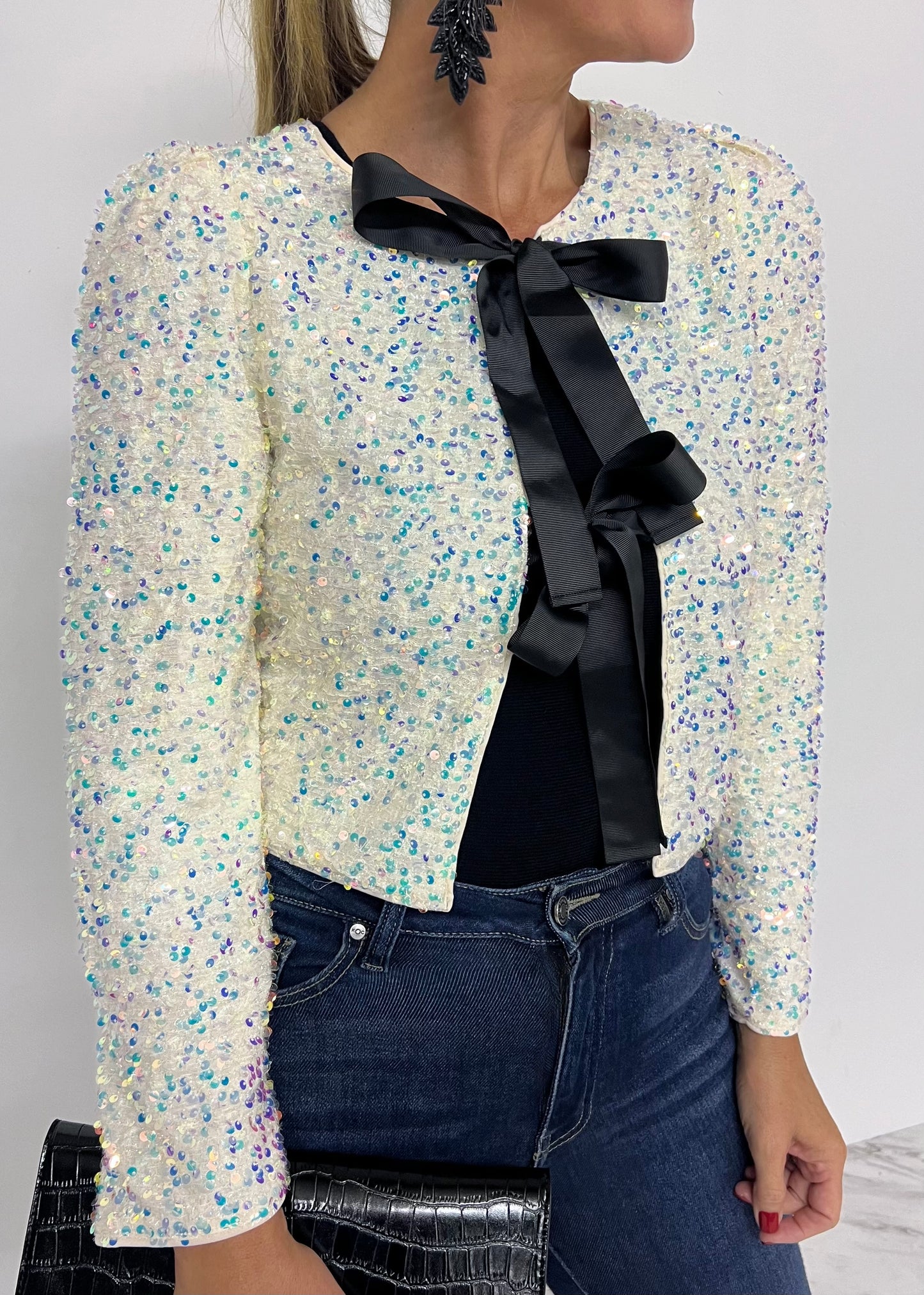 Champagne Kiss Sequin + Bow Cardigan Top