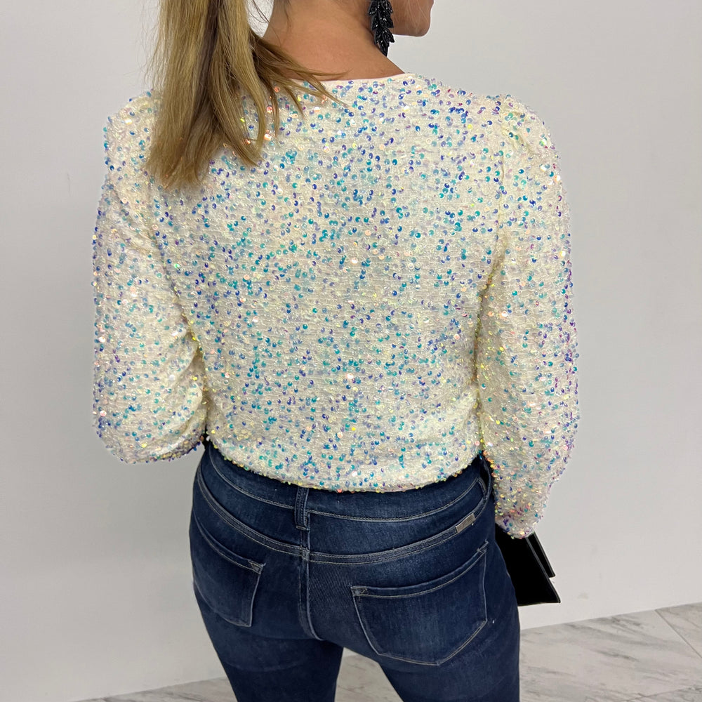 
                  
                    Champagne Kiss Sequin + Bow Cardigan Top
                  
                