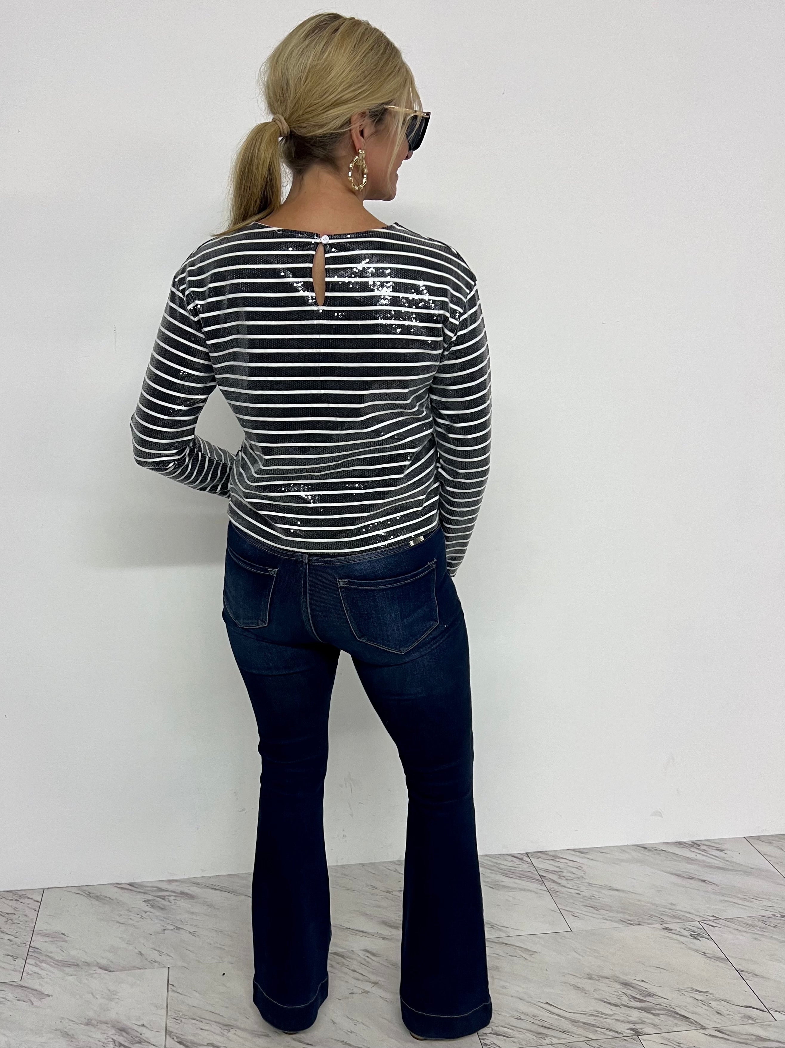 black sequin stripe long sleeve top