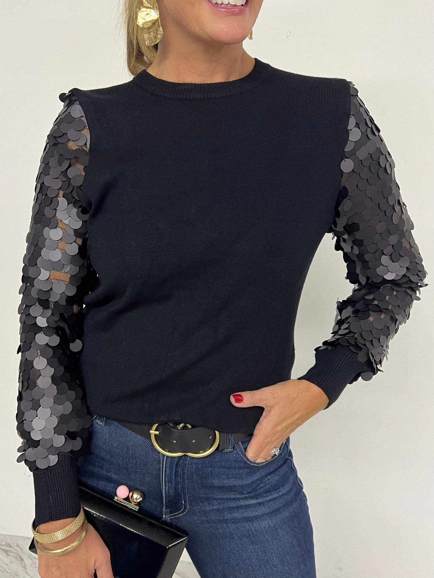 Spotlight Sequin Sleeve Sweater (Black)