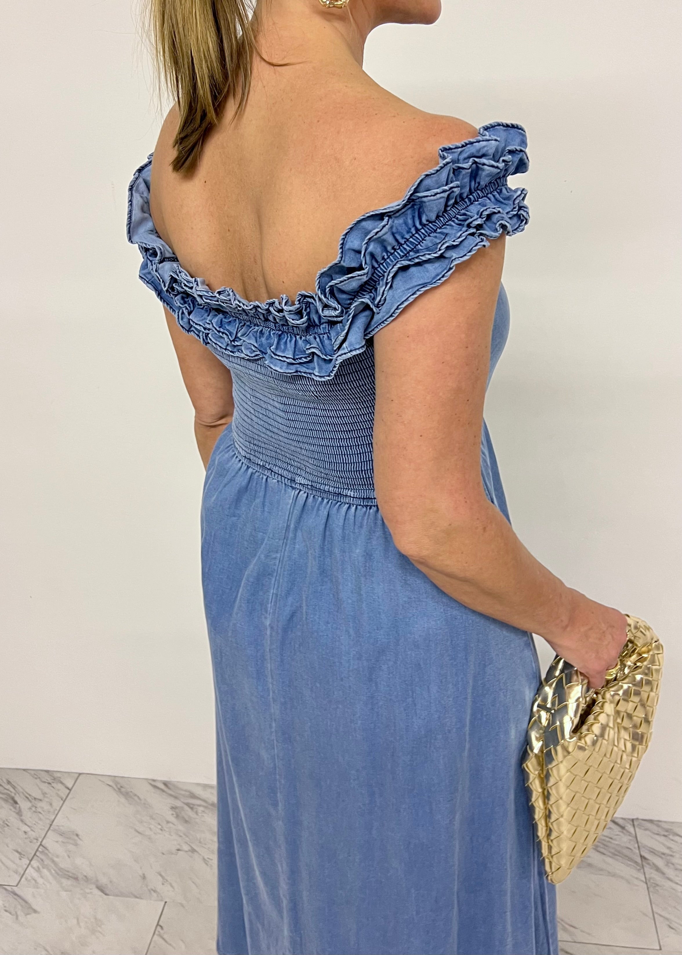 Herlipto♡Ruffled Shoulder Denim Dress Ruffled Shoulder Denim Midi Dress